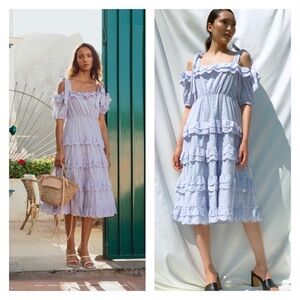 NWT BY MALINA Edda Tiered Ruffle Off the Shoulder Midi Dress Azure Blue Small